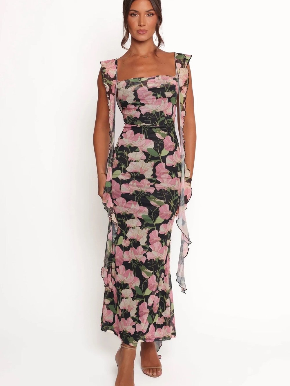 Petal & Pup Chiara Floral Square-Neck Mesh Midi Dress in Black and Pink (Size L)